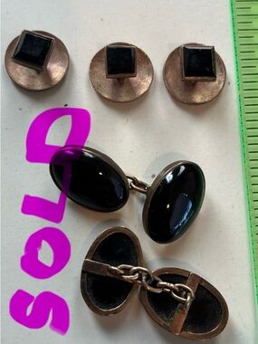 Black Onyx Art Deco Tuxedo Cufflink & Button Studs  5pcs Antique